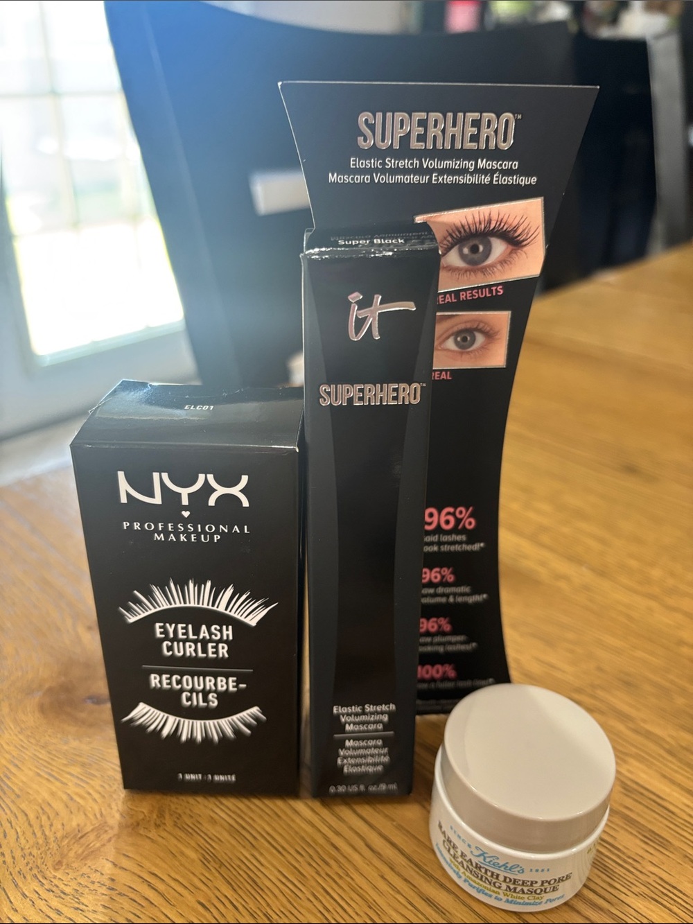 NYX Professional Makeup Eyelash Curler & IT Superhero Mascara & Kiehls Mask